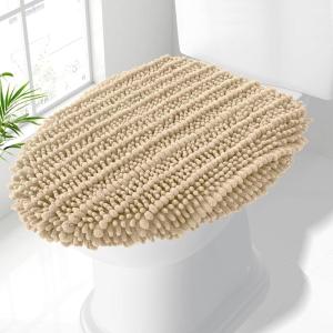 imageSmiry Soft Chenille Bathroom Toilet Lid Cover Stays in Place Rubber Backing Covers Machine Washable 175x15 Fits Most Round Elongated and Oblong Lids Accessories Decor GreyBeige