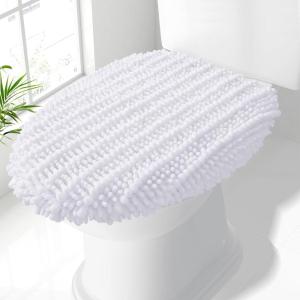 imageSmiry Soft Chenille Bathroom Toilet Lid Cover Stays in Place Rubber Backing Covers Machine Washable 175x15 Fits Most Round Elongated and Oblong Lids Accessories Decor GreyWhite