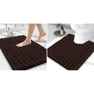 imageSmiry Bathroom Rugs Mat Set 2 Piece 24X16UShaped 24x20 Extra Soft Absorbent Non Slip Rubber Backing Machine Washable Quick Dry Chenille Bath Rug Set for Tub Shower and FloorBrown