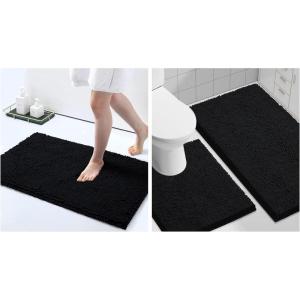 imageSmiry Chenille Bathroom Rugs 30x2030x20 and UShaped Toilet Bath Rugs 24x20 Extra Soft and Absorbent Shaggy Bath Mat Machine Washable NonSlip Plush Carpet Black