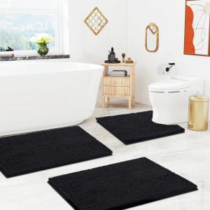 imageSmiry Chenille Bathroom Rugs 36x2430x20 and UShaped Toilet Bath Rugs 24x20 Extra Soft and Absorbent Shaggy Bath Mat Machine Washable NonSlip Plush Carpet Black
