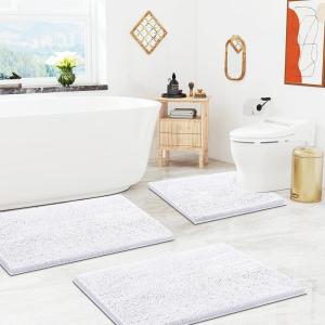imageSmiry Chenille Bathroom Rugs and Mats Set of 3 Non Slip Absorbent Shaggy Bath Rug for Tub Shower and Bath Room 36x 2424x 16UShaped 24 x20 White