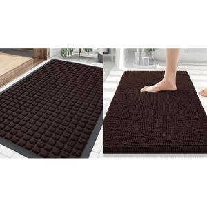 imageSmiry Front Door Mat Outside Entrance Brown 295 x 17 and Luxury Chenille Bathroom Rugs Brown 30 x 20 2 Item Bundle