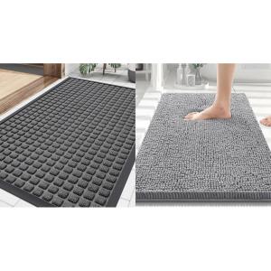 imageSmiry Front Door Mat Outside Entrance Grey 295 x 17 and Luxury Chenille Bathroom Rugs Grey 30 x 20 2 Item Bundle