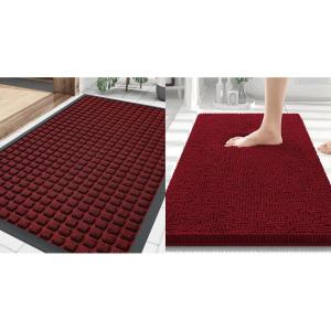 imageSmiry Front Door Mat Outside Entrance Red 295 x 17 and Luxury Chenille Bathroom Rugs Red 30 x 20 2 Item Bundle