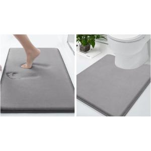imageSmiry Memory Foam Bath Mat 24x16 and 24x20 UShaped Toilet Extra Soft Absorbent Bathroom Rugs Non Slip Bath Rug Runner for Shower Bathroom Floors Grey