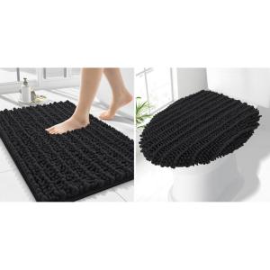 imageSmiry Bathroom Rugs 24x16 and Toilet Lid Cover 175x15 Soft and Absorbent Bath Mat Machine Washable NonSlip Plush Carpet Runner for Tub Shower and Floor Home DecorBlack