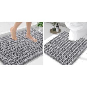 imageSmiry Bathroom Rugs Mat Set 2 Piece 36X24UShaped 24x20 Extra Soft Absorbent Non Slip Rubber Backing Machine Washable Quick Dry Chenille Bath Rug Set for Tub Shower and FloorGrey