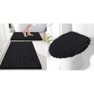 imageSmiry Bathroom Rugs Set 2 Piece30x20 Plus 24x16 and Toilet Lid Cover 175x15 Soft and Absorbent Bath Mat Machine Washable NonSlip Plush Carpet Runner for Tub Shower and Floor Home DecorBlack