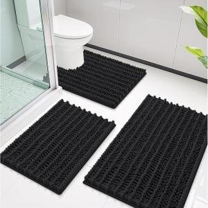 imageSmiry Bathroom Rugs Sets 3 Piece Soft Absorbent Non Slip Rubber Backing Machine Washable Quick Dry Chenille Bath Rug Set for Tub Shower and Floor 30x2024x1624x20 Navy BlueBlack