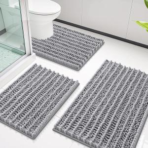 imageSmiry Bathroom Rugs Sets 3 Piece Soft Absorbent Non Slip Rubber Backing Machine Washable Quick Dry Chenille Bath Rug Set for Tub Shower and Floor 30x2024x1624x20 Navy BlueGrey