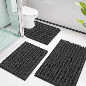 imageSmiry Bathroom Rugs Sets 3 Piece Soft Absorbent Non Slip Rubber Backing Machine Washable Quick Dry Chenille Bath Rug Set for Tub Shower and Floor 30x2024x1624x20 Navy BlueDark Grey
