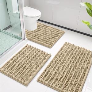 imageSmiry Bathroom Rugs Sets 3 Piece Soft Absorbent Non Slip Rubber Backing Machine Washable Quick Dry Chenille Bath Rug Set for Tub Shower and Floor 30x2024x1624x20 Navy BlueBeige