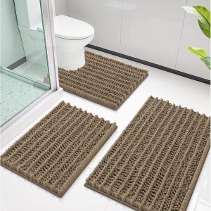 imageSmiry Bathroom Rugs Sets 3 Piece Soft Absorbent Non Slip Rubber Backing Machine Washable Quick Dry Chenille Bath Rug Set for Tub Shower and Floor 30x2024x1624x20 Navy BlueCamel