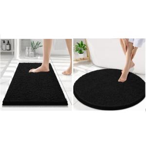 imageSmiry Chenille Bathroom Rugs 24x16 and Round 30x30 Extra Soft and Absorbent Shaggy Bath Mat Machine Washable NonSlip Plush Carpet Black