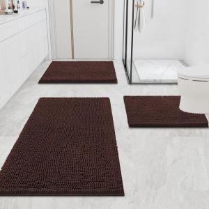 imageSmiry Chenille Bathroom Rugs and Mats Set of 3 Non Slip Absorbent Shaggy Bath Rug for Tub Shower and Bath Room 36x 2424x 16UShaped 24 x20 Brown