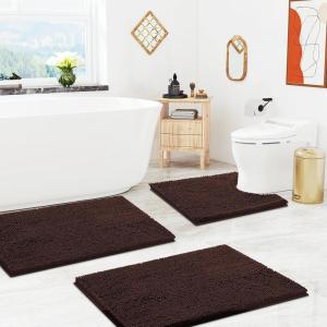 imageSmiry Chenille Bathroom Rugs and Mats Set of 3 Non Slip Absorbent Shaggy Bath Rug for Tub Shower and Bath Room 36x 2430x 20UShaped 24 x20 Brown