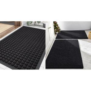 imageSmiry Front Door Mat Outside Entrance Black 295 x 17 and Bathroom Rugs Sets 2 Piece Black 30 x 20  24 x 16 2 Item Bundle