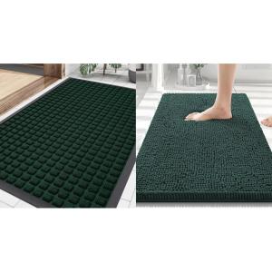 imageSmiry Front Door Mat Outside Entrance Black Green 295 x 17 and Luxury Chenille Bathroom Rugs Green 30 x 20 2 Item Bundle