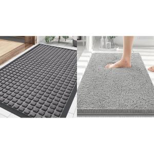 imageSmiry Front Door Mat Outside Entrance Mix Grey 295 x 17 and Luxury Chenille Bathroom Rugs Light Grey 30 x 20 2 Item Bundle