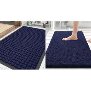 imageSmiry Front Door Mat Outside Entrance Navy Blue 295 x 17 and Luxury Chenille Bathroom Rugs Navy Blue 30 x 20 2 Item Bundle