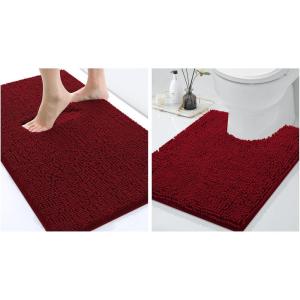 imageSmiry Chenille Bath Rug and Mats Set of 2Extra Soft and Absorbent Shaggy Bath Mat Machine Washable NonSlip Plush Carpet 24x 16UShaped 24 x20 Burgundy