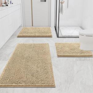 imageSmiry Chenille Bath Rug and Mats Set of 3 Non Slip Absorbent Shaggy Bath Rug for Tub Shower and Bath Room 24x 1636x 24UShaped 24 x20 Beige