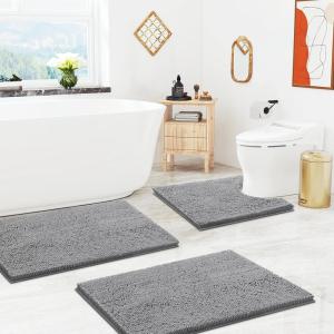 imageSmiry Chenille Bath Rug and Mats Set of 3 Non Slip Absorbent Shaggy Bath Rug for Tub Shower and Bath Room 30x 2036x 24UShaped 24 x20 Grey