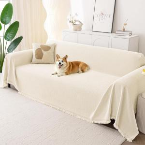 imageSmiry Couch Cover for Dogs Washable Chenille Sofa Covers for 3 Cushion Couch Soft Sofa Slipcover for Pets Thick Sectional Furniture Protector with Tassels Chocolate 71x118 InchBeige
