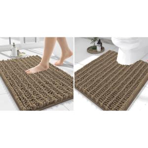 imageSmiry Bathroom Rugs Mat Set 2 Piece 24X16UShaped 24x20 Extra Soft Absorbent Non Slip Rubber Backing Machine Washable Quick Dry Chenille Bath Rug Set for Tub Shower and FloorCamel