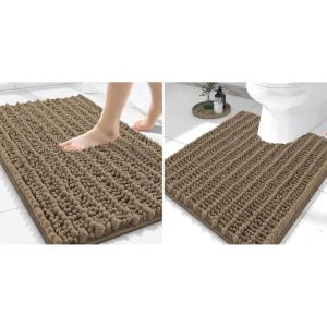 imageSmiry Bathroom Rugs Mat Set 2 Piece 30X20UShaped 24x20 Extra Soft Absorbent Non Slip Rubber Backing Machine Washable Quick Dry Chenille Bath Rug Set for Tub Shower and FloorCamel