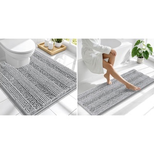 image:imageSmiry Striped Thick Bathroom Rug and Contour Toilet Rug Size 47x17  UShaped 24x20 in Light Grey 2 Item Bundle