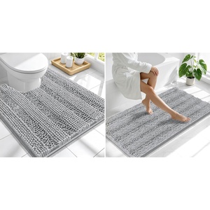 image:imageSmiry Striped Thick Bathroom Rug and Contour Toilet Rug Size 47x24  UShaped 24x20 in Light Grey 2 Item Bundle