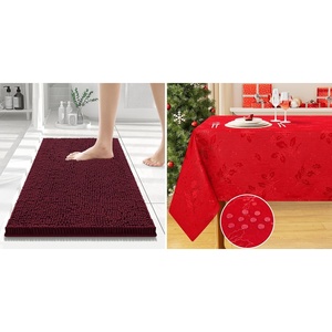 image:imageSmiry Christmas Luxury Chenille Bath Rug 24x16 and Holly Patterns Tablecloth 60x84 Inch Red