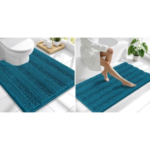 image:imageSmiry Striped Thick Bathroom Rug and Contour Toilet Rug Size 47x24  UShaped 24x20 in Peacock Blue 2 Item Bundle