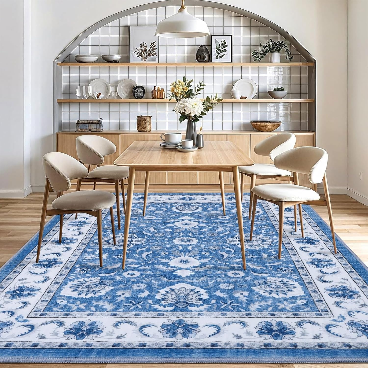 image:imageSmiry Floral Area Rug 5x5 Feet Round Vintage Print Pattern Machine Washable NonSlip Floor Carpet Low Pile Throw Rugs for Living Room Bedroom Dining Room Laundry Indoor Home Decor BlueBlue