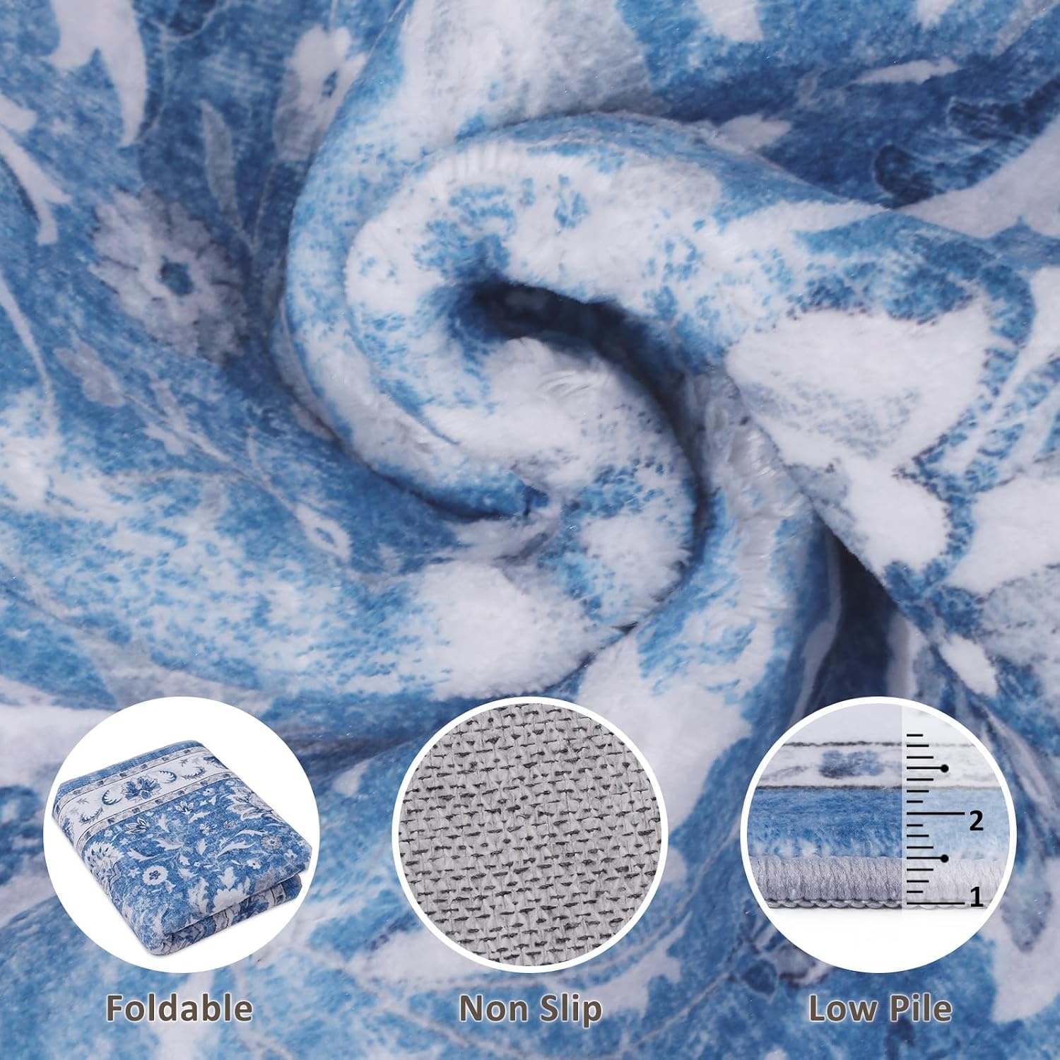 image:imageSmiry Floral Area Rug 5x5 Feet Round Vintage Print Pattern Machine Washable NonSlip Floor Carpet Low Pile Throw Rugs for Living Room Bedroom Dining Room Laundry Indoor Home Decor BlueBlue