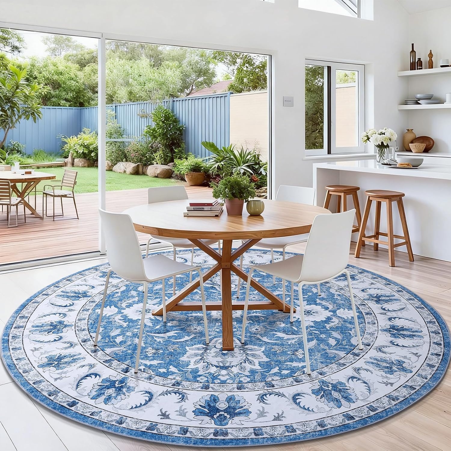 image:imageSmiry Floral Area Rug 5x5 Feet Round Vintage Print Pattern Machine Washable NonSlip Floor Carpet Low Pile Throw Rugs for Living Room Bedroom Dining Room Laundry Indoor Home Decor BlueBlue