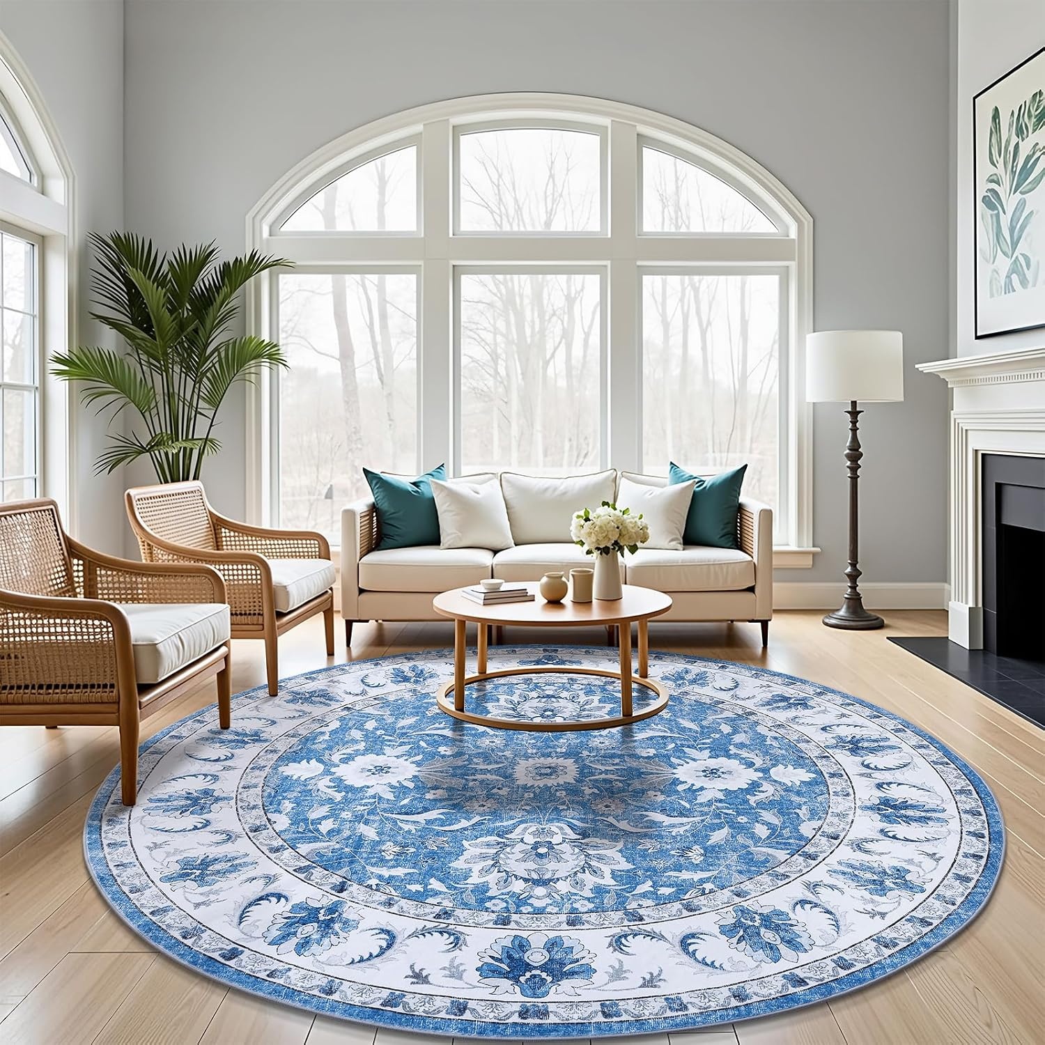 image:imageSmiry Floral Area Rug 5x5 Feet Round Vintage Print Pattern Machine Washable NonSlip Floor Carpet Low Pile Throw Rugs for Living Room Bedroom Dining Room Laundry Indoor Home Decor BlueBlue