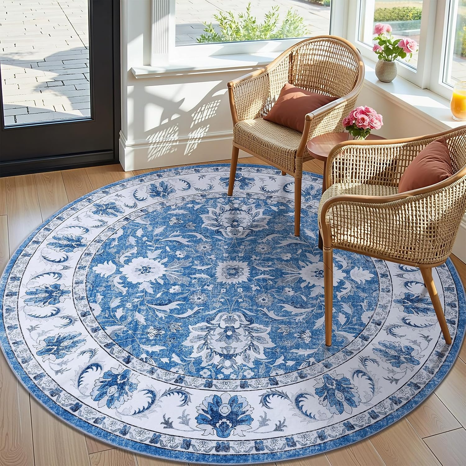 image:imageSmiry Floral Area Rug 5x5 Feet Round Vintage Print Pattern Machine Washable NonSlip Floor Carpet Low Pile Throw Rugs for Living Room Bedroom Dining Room Laundry Indoor Home Decor BlueBlue