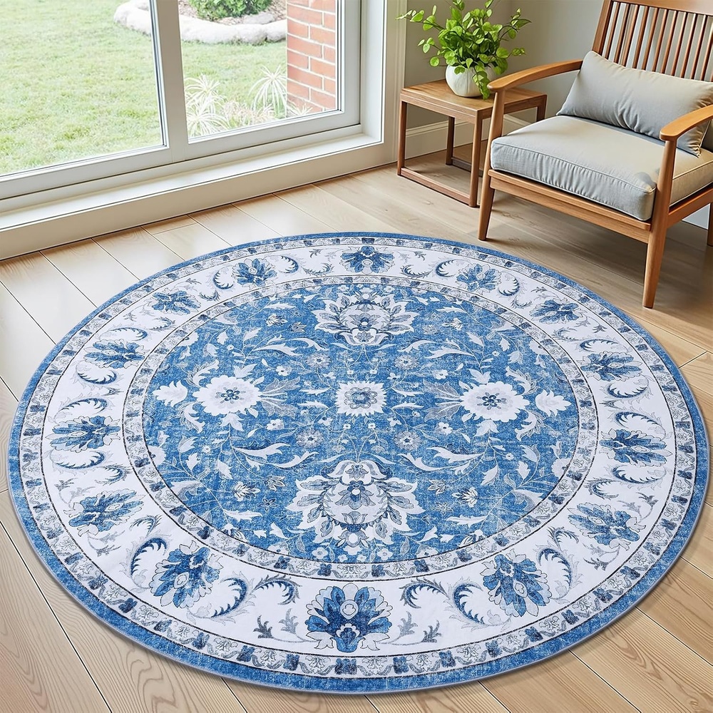 image:imageSmiry Floral Area Rug 5x5 Feet Round Vintage Print Pattern Machine Washable NonSlip Floor Carpet Low Pile Throw Rugs for Living Room Bedroom Dining Room Laundry Indoor Home Decor BlueBlue
